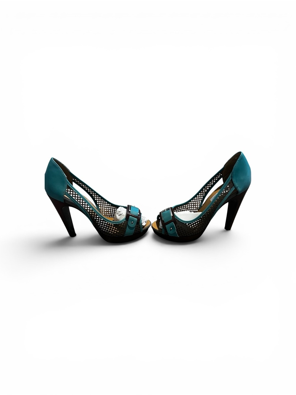 naughty monkey Teal Mesh Peep-Toe Heels with Buckle Detail